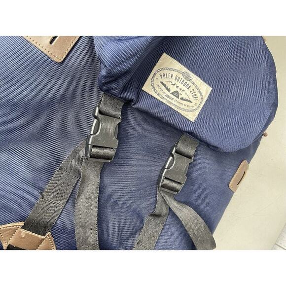 Poler Outdoor Stuff Blue Tan Leather Backpack Drawstring Lightweight Bag Oregon - Picture 8 of 9